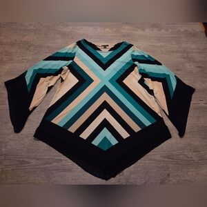 Alfani Womens Plus Size Teal, Black, & Cream Long Sleeve Top EUC Size 1X
